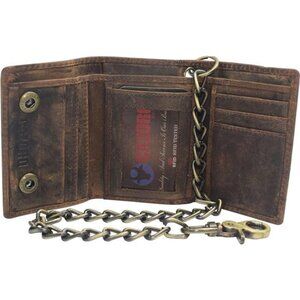 Men's RFID Blocking Trifold Vintage Leather Biker Chain Wallet With Snap Closure